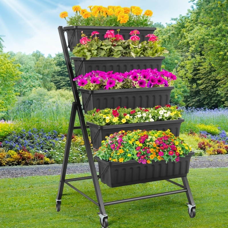 Vertical Garden Bed, Black 5-Tier Mobile Metal Frame Planter