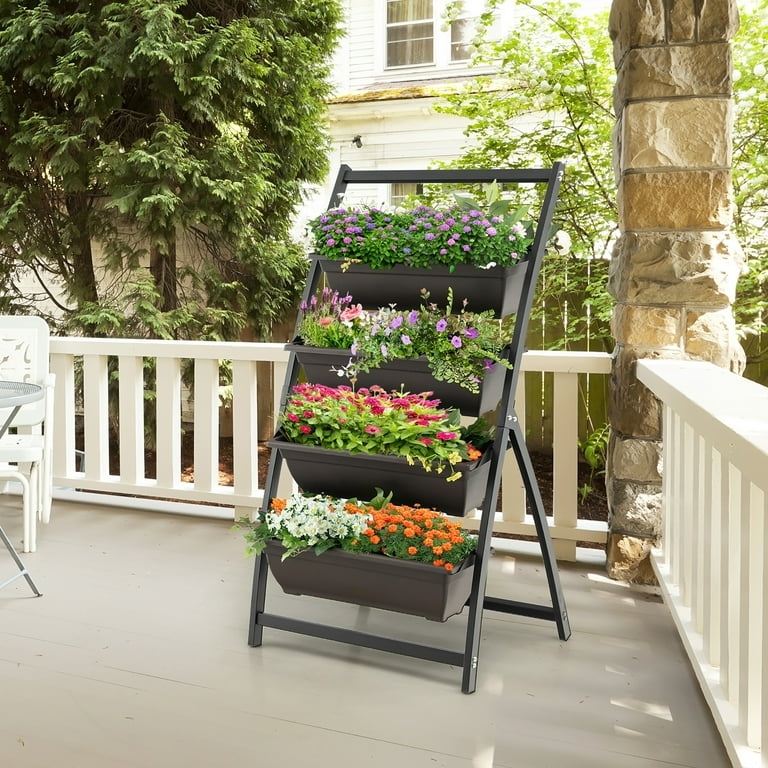 Vertical Garden Bed, Modern 4-Tier Wood with Detachable Black Bins