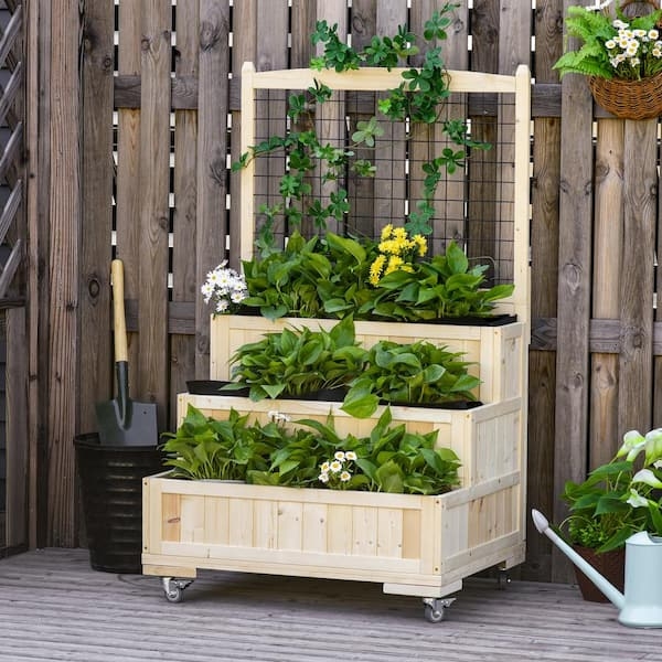 Vertical Planter, 3-Tier Mobile Yellow Wood Balcony Planter