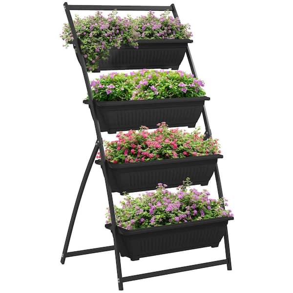 Vertical Planter, 4-Tier Black Plastic Self-Draining Garden Box