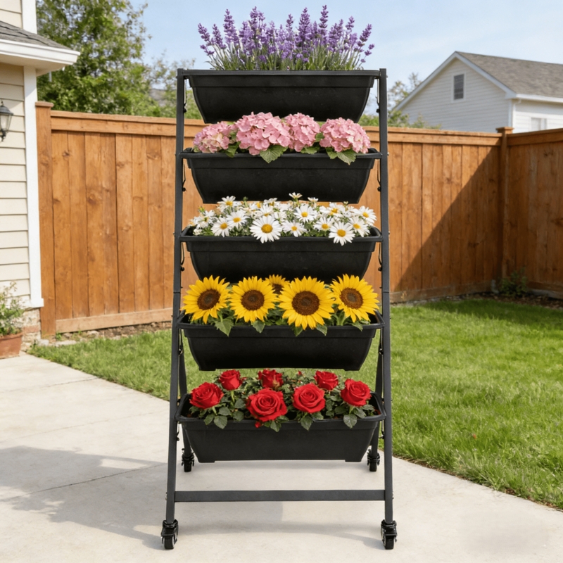 Vertical Planter, 5-Tier Mobile Black and Green Garden Tower
