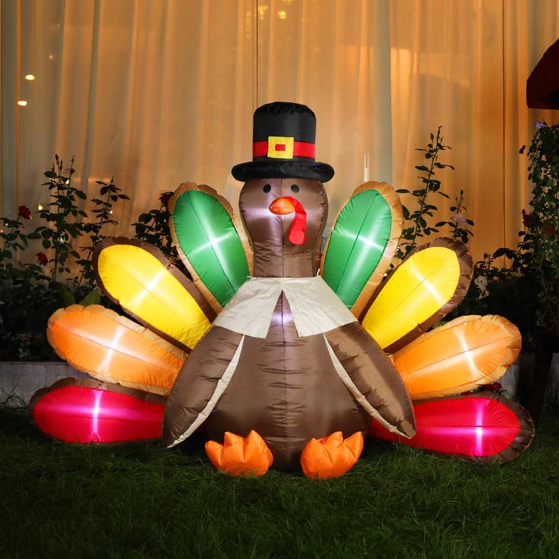 Vibrant 5ft Inflatable Turkey With Pilgrim Hat And Spread Tail
