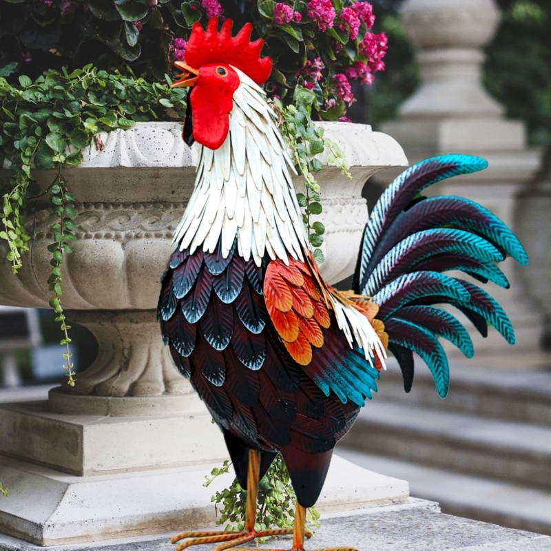 Vibrant Farmhouse Metal Rooster Statue Multi-Colored Finish