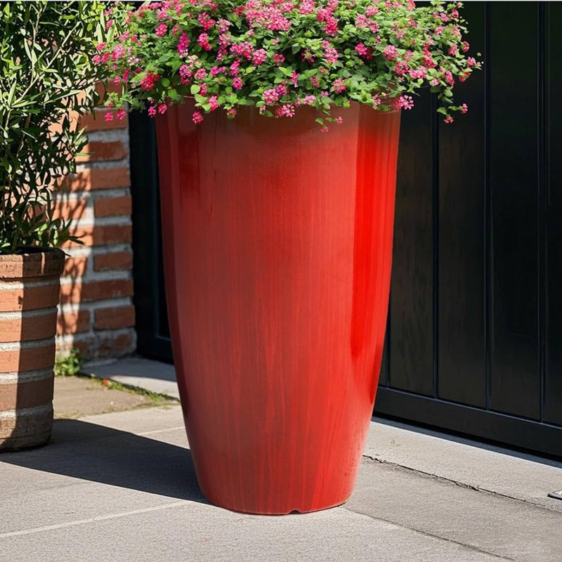 Vibrant Red Gradient Outdoor Planters, Glossy Tall Tapered Pots