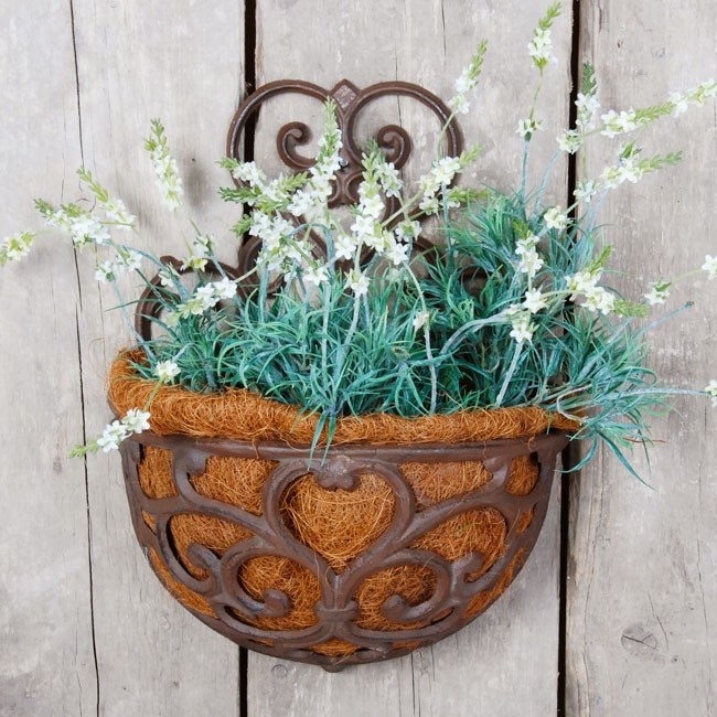 Victorian Wall Planter, Black Metal Scrollwork, Coir Liner, Half-Round