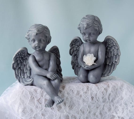 Vintage Cherub Figurine, Distressed Stone-Like, Reclining Pose