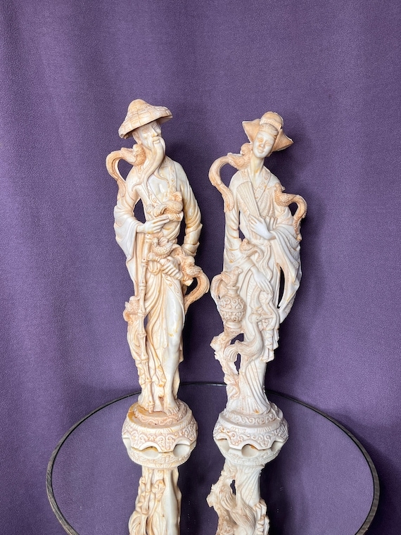Vintage Chinoiserie Statue Pair, Faux Ivory Finish on Dark Pedestals