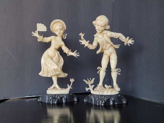 Vintage Resin English Country Figurine Set with Black Stands