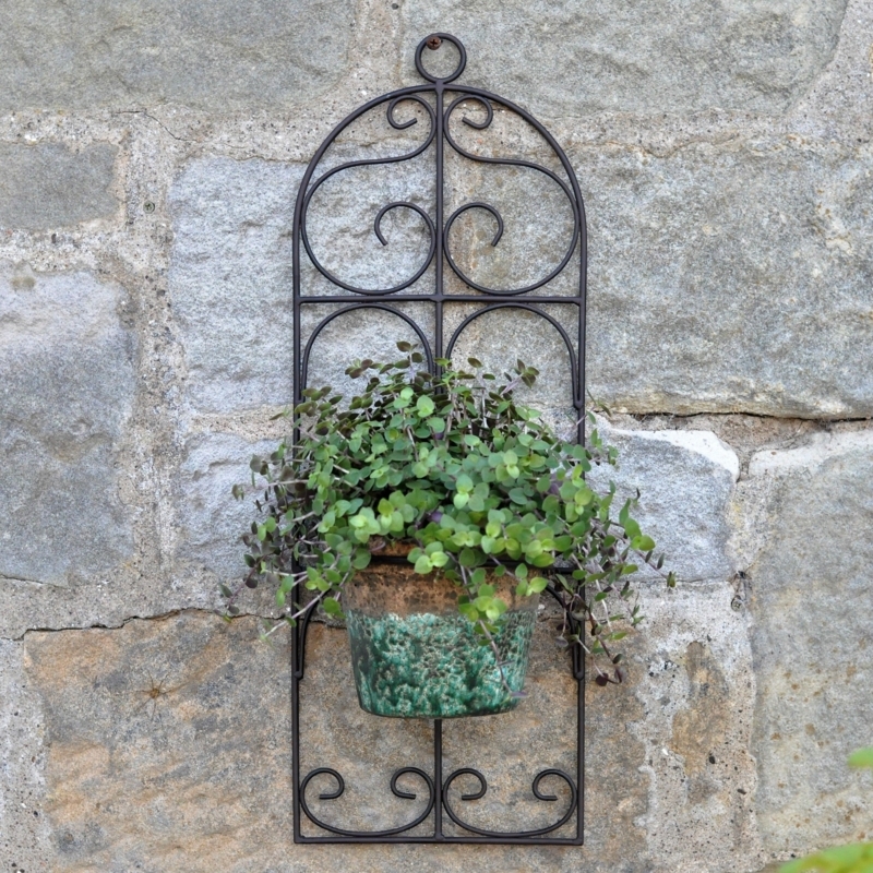 Vintage Wall Planter, Weathered Grey Metal, Ornate Scrollwork, Ring