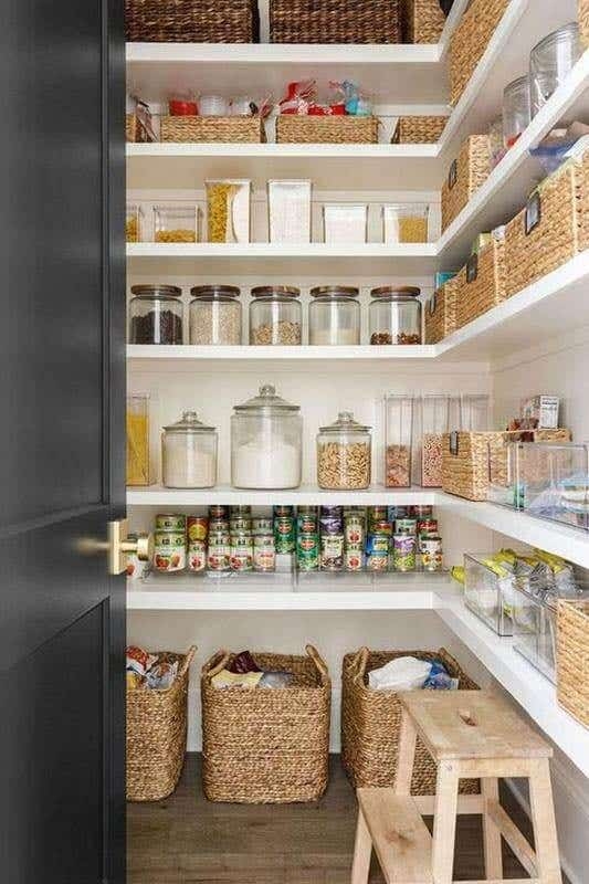 Walk-In Pantry White Built-In Shelving Arched Doorway Farmhouse