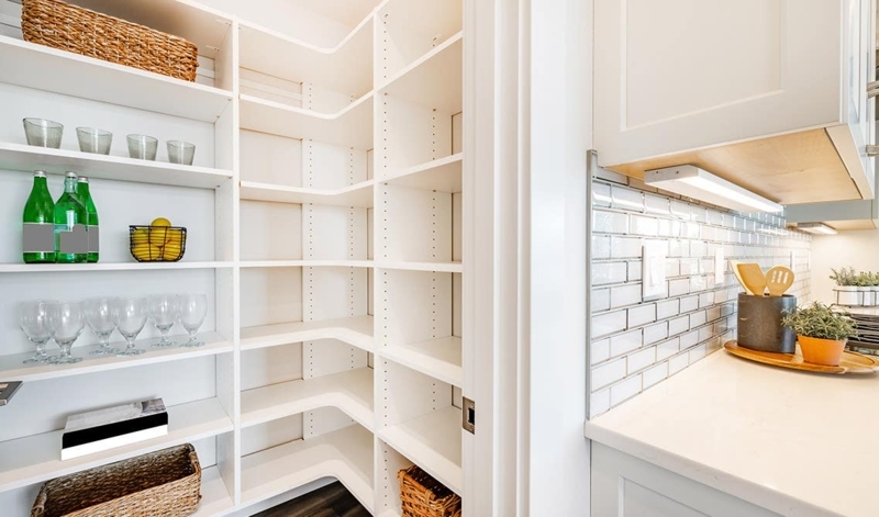 Walk-In Pantry Wood Toned Floor to Ceiling Shelving Farmhouse