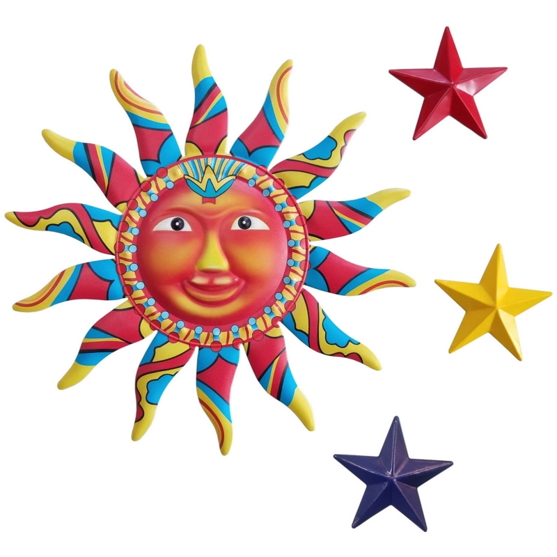 Wall Art Dangling Stars Multi Color Glossy Sun Face Decor