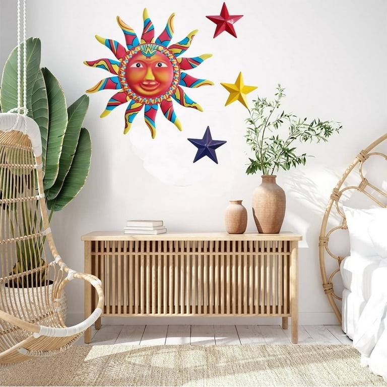 Wall Art Hand Painted Metal Turquoise Yellow Sun Design