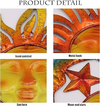Wall Art Metal Star Accents Orange Blue Glossy Garden Decor