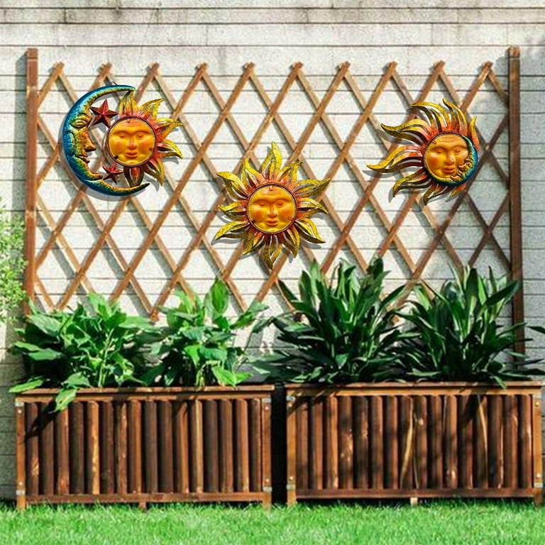 Wall Art Set of 3 Metal Sun Face Sculptures with Antique Finish