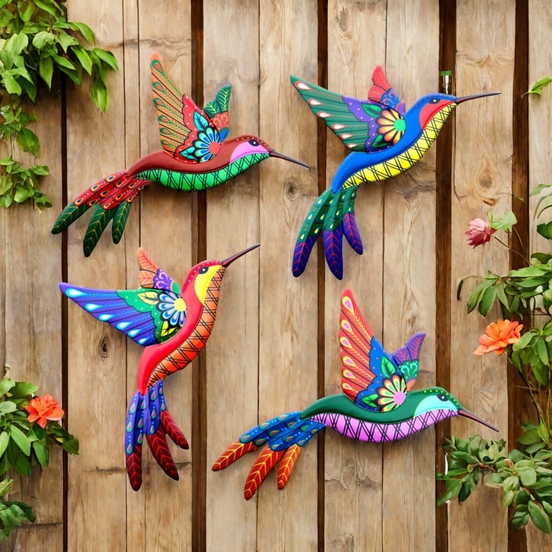 Wall Art Set of 4 3D Multicolor Metal Hummingbird Sculptures