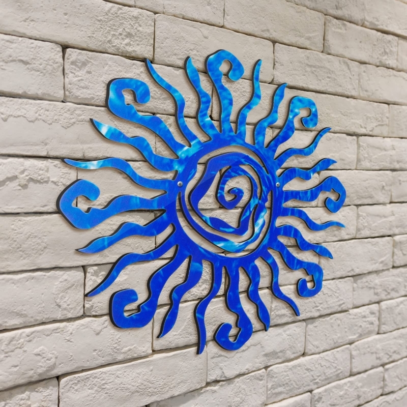 Wall Art Teal Blue Face Tiered Flame Rays Whimsical Celestial Decor