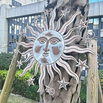 Wall Art Teal Bronze Distressed Sun Face Metal Sculpture