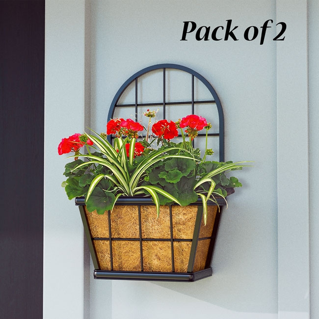 Wall Planter Integrated Trellis Galvanized Finish Black Metal Grid