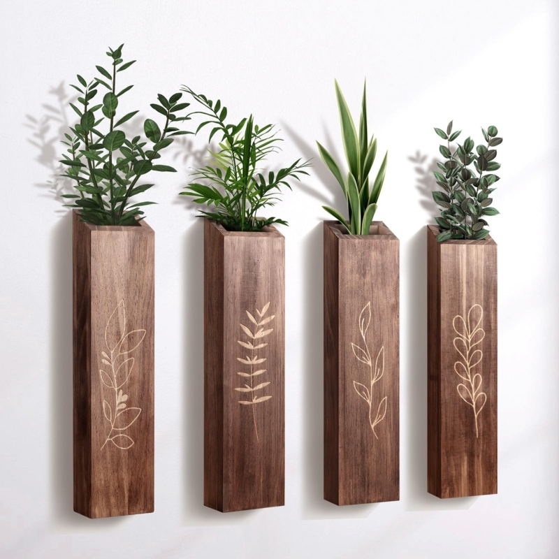 Wall Planter Set of Four Tapered Wood Pocket Vases for Grid Layout