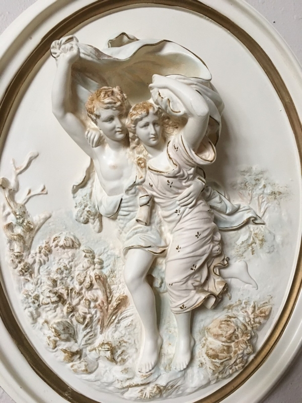 Wall Sculpture Antique High Relief Figurative Embrace with Gold