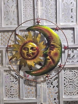 Wall Sculpture Blue Yellow Distressed Sun And Moon Motif