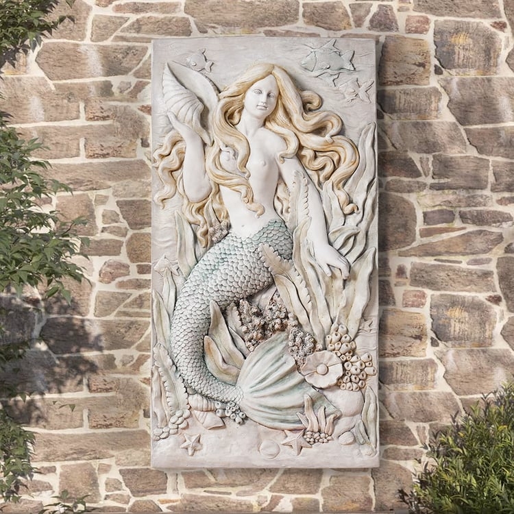 Wall Sculpture Mermaid Subject Verdigris Patina Scaled Tail Coastal