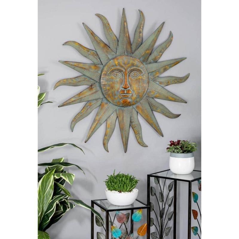 Wall Sculpture Wavy Rays Distressed Gold Finish Oversized Sunburst