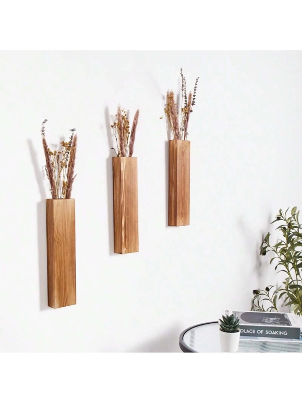 Wall Vase Set Slim Profile Natural Wood Grain Finish Wall Mounted