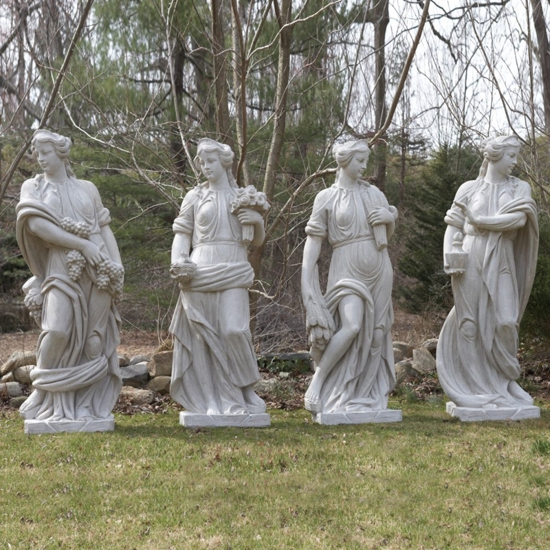 Weathered Garden Statue Set on Square Bases in Beige Stone Finish