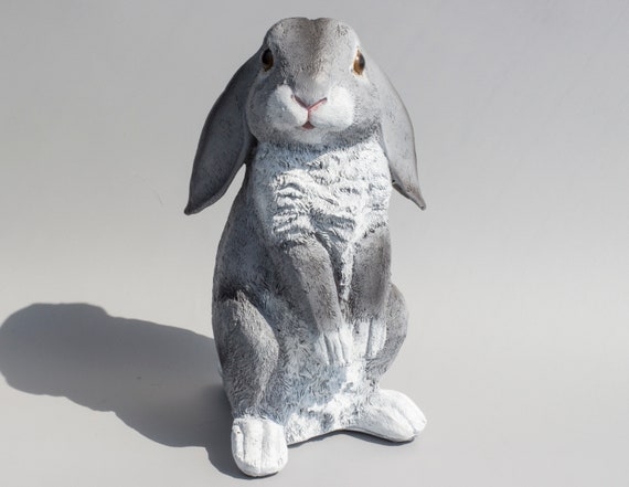 Weathered Gray Lop Eared Bunny Statue Pitted Stone Texture