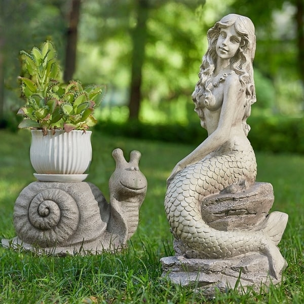 Weathered Gray Stone-Like Mermaid Garden Statue on Rocky Base