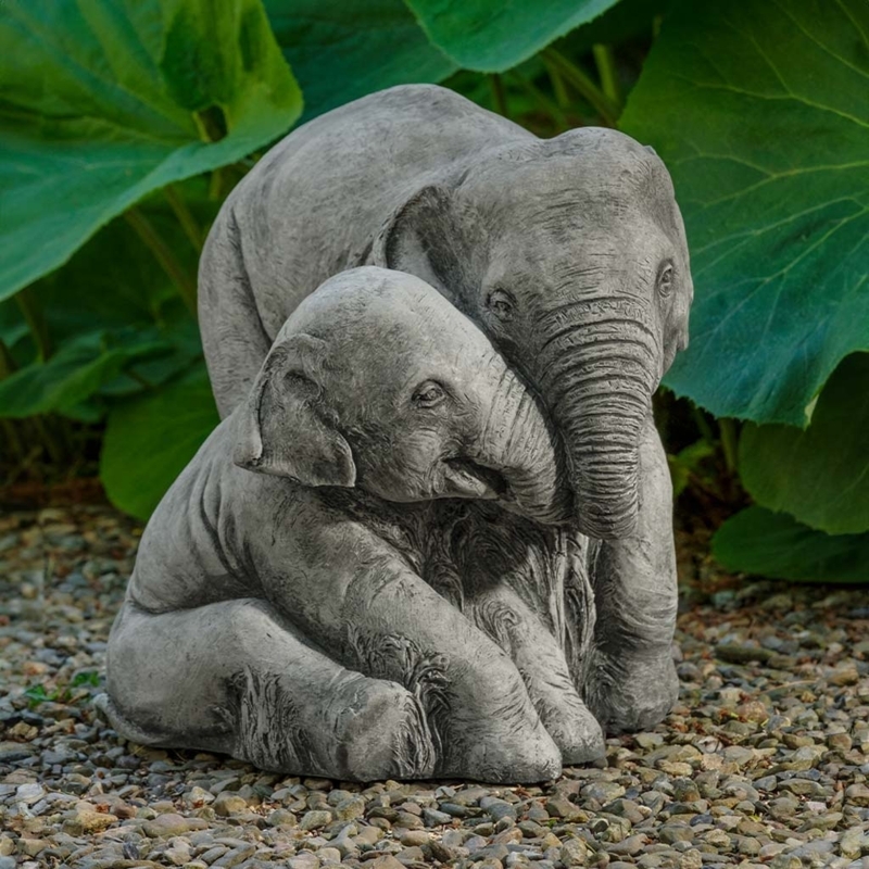 Weathered Stone Mother and Baby Elephant Garden Statue