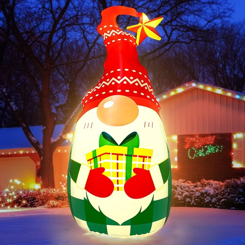 Whimsical 5ft Inflatable Gnome with Tumbler Base and Star Patterned Hat