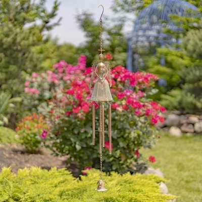 Whimsical Copper Angel Wind Chime with Flower Detail and Bells