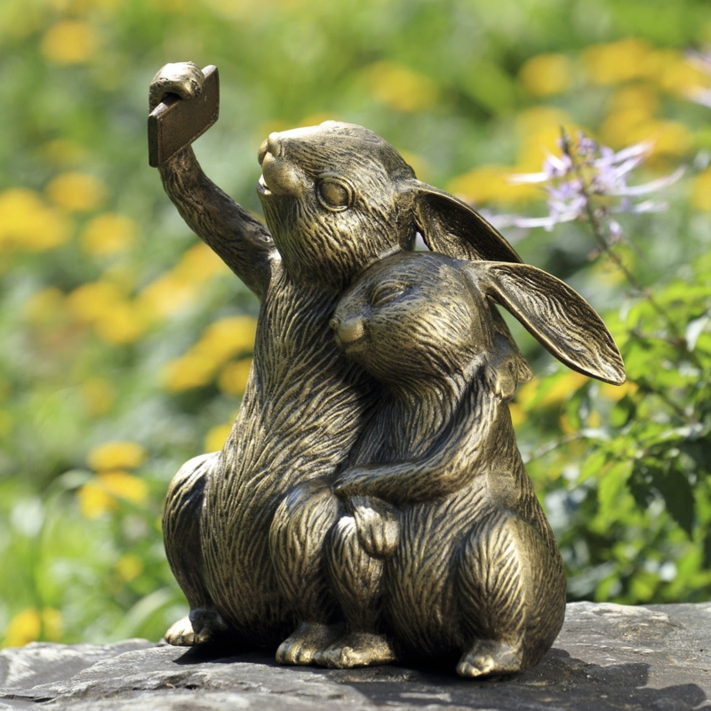 Whimsical Garden Statue Bunny Buddies Selfie Sculpture Aluminum
