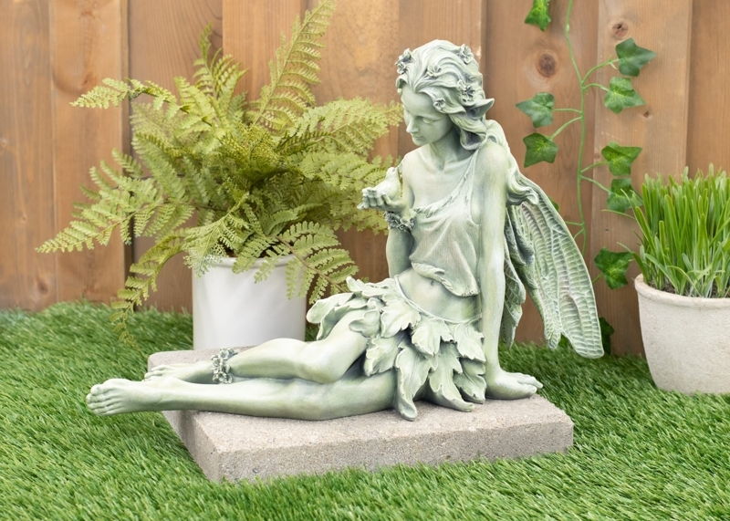Whimsical Garden Statue Reclining Fairy With Bird Mossy Stone Finish