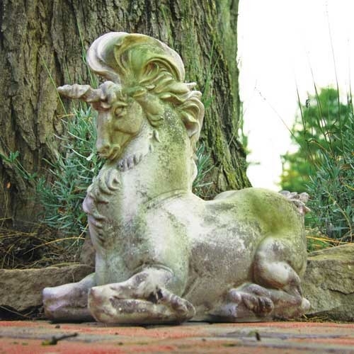 Whimsical Garden Statue Weathered Gray Mythical Unicorn Spiraled Horn