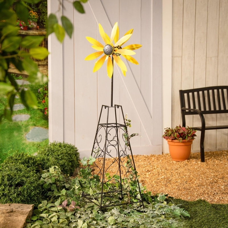 Whimsical Garden Trellis with Yellow Kinetic Wind Spinner