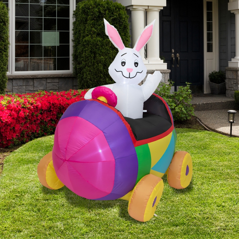Whimsical Inflatable Bunny Driving Egg Car Lighted Yard Decoration