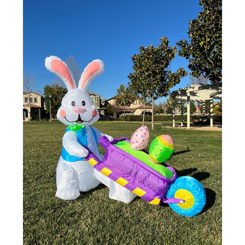 Whimsical Inflatable Bunny Pushing Wheelbarrow Yard Decoration