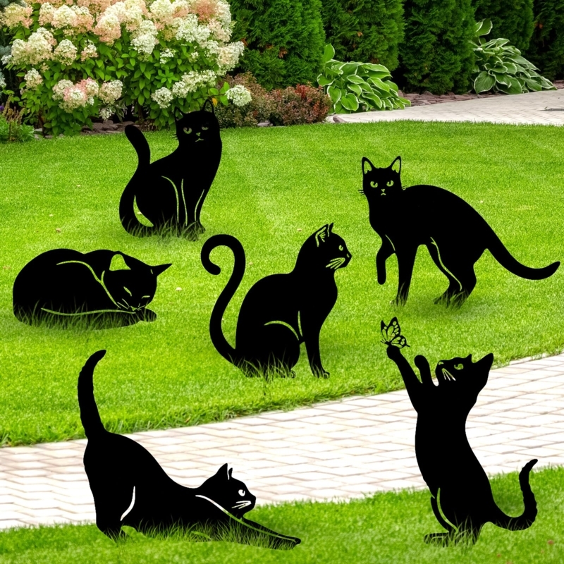 Whimsical Metal Cat Silhouette Garden Stakes in a Multi-Pose Set