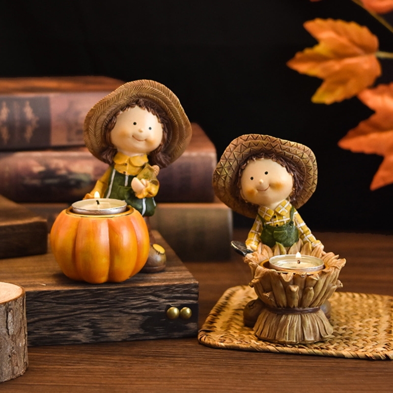 Whimsical Scarecrow Figurine with Pumpkin Tealight Candle Holder