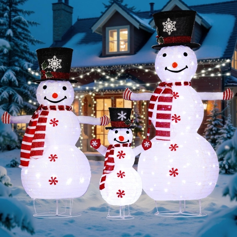 Whimsical Snowman Family Set with Varied Hats and Blue Accents