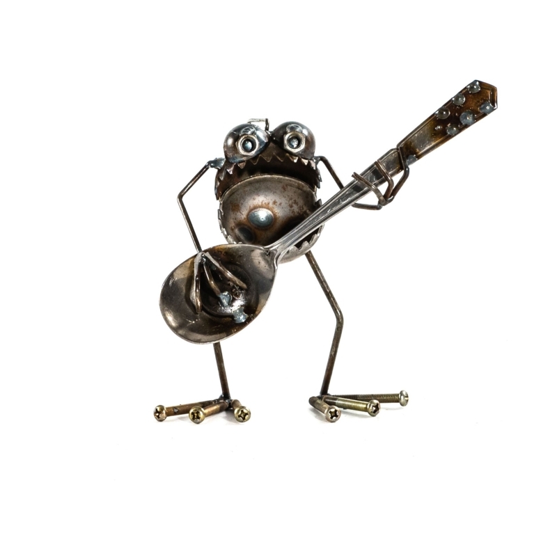 Whimsical Welded Scrap Metal Gnome Guitarist Garden Statue