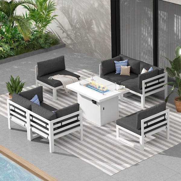 White Aluminum Patio Set, Charcoal Cushions, Integrated Slat-Top Fire Pit.