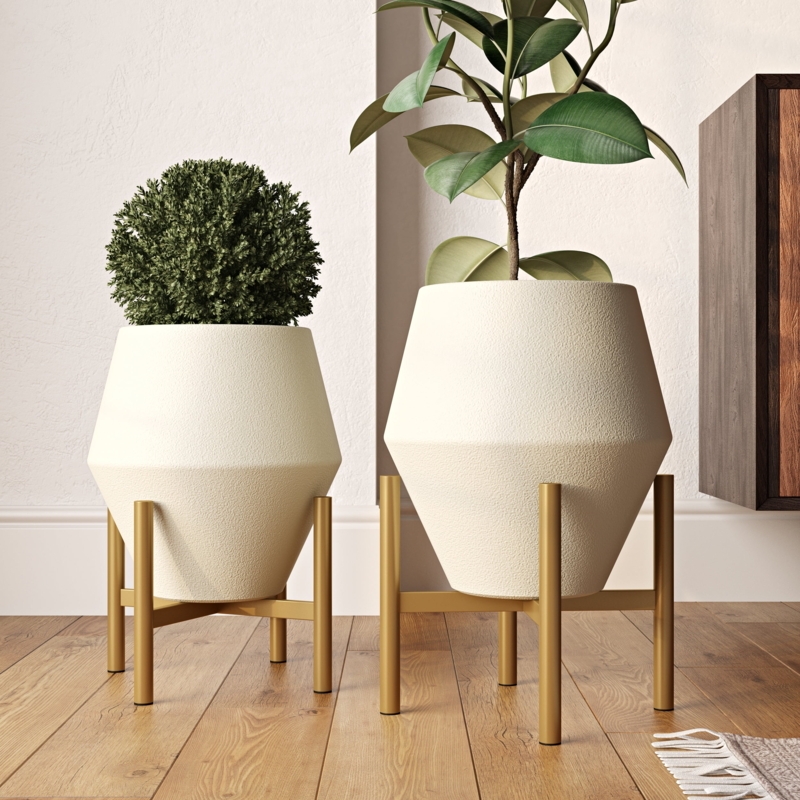 White and Gold Planter Set with Metal Tripod Stands, Tiered