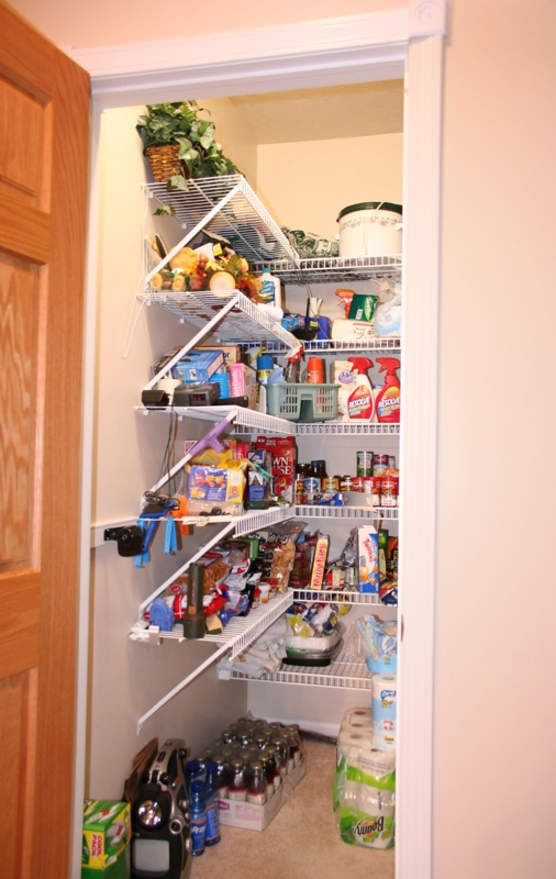 White Built-In Pantry Shelving with Corner Unit and Wicker Baskets
