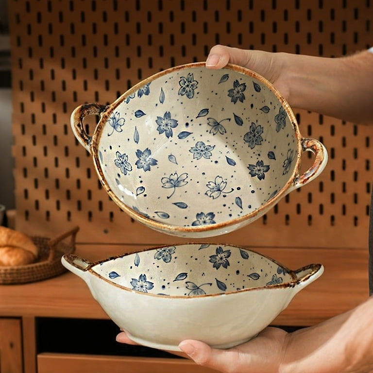 White Ceramic Bowl with Handle Deep Irregular Rim Artisanal