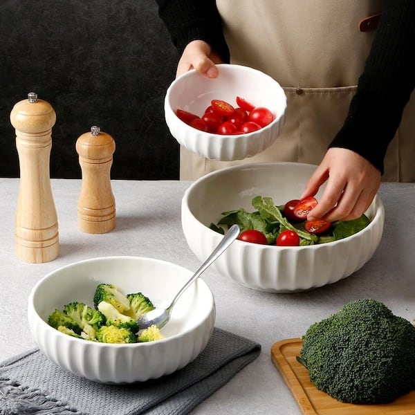 White Ceramic Nesting Bowl Set with Ribbed Texture Glossy